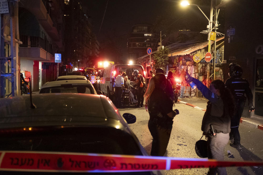 Sat., Oct. 7: An ambulance takes away a person injured from a rocket fired from the Gaza Strip in Tel Aviv, Israel.