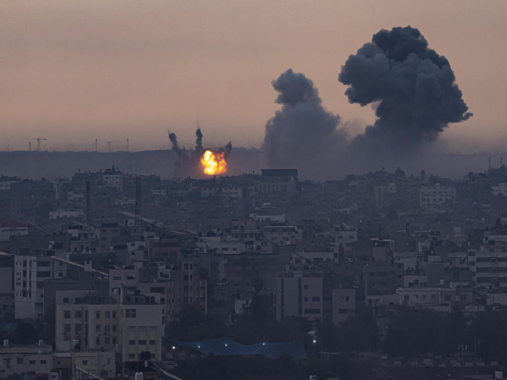 Smoke rises after the Israeli air strike in the Gaza Strip on Monday, Oct. 9, 2023.