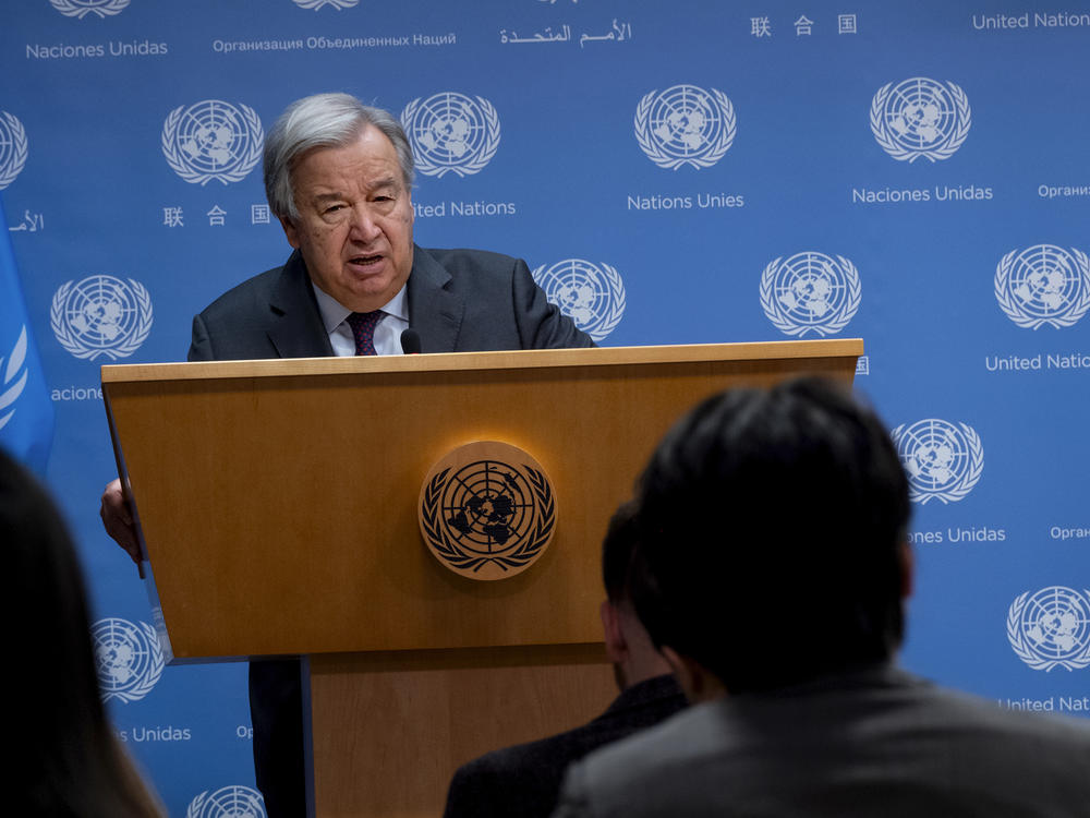 United Nations Secretary-General Antonio Guterres addresses the situation in Israel after an attack by Hamas during a news briefing at United Nations headquarters Monday, Monday.