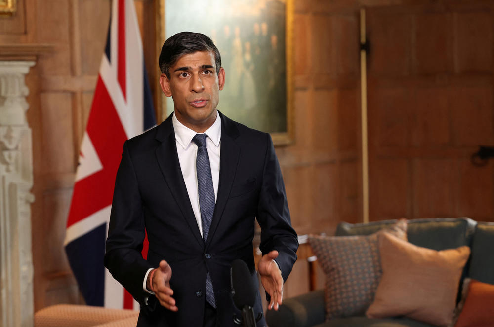 Britain's prime minister, Rishi Sunak, records a video message about the situation in Israel on Sunday in Aylesbury, England.