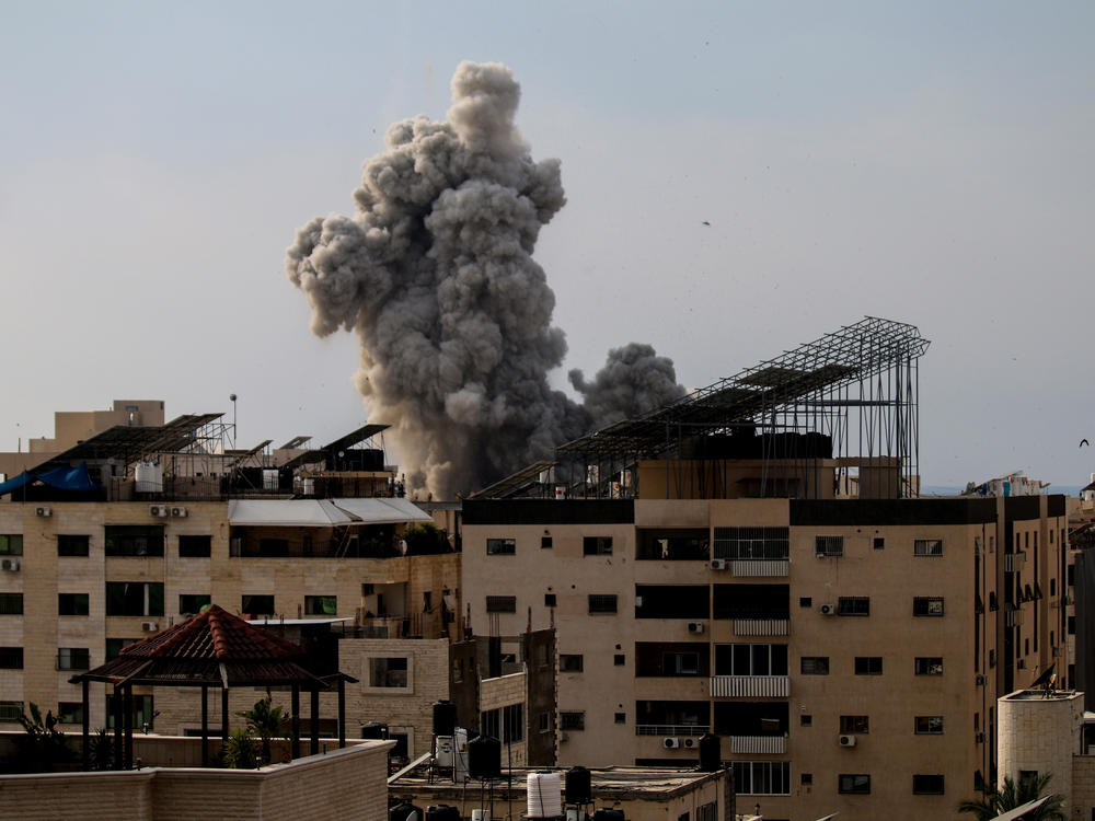 Smoke rises after an Israeli bombardment on Oct. 9 in Gaza City, Gaza.