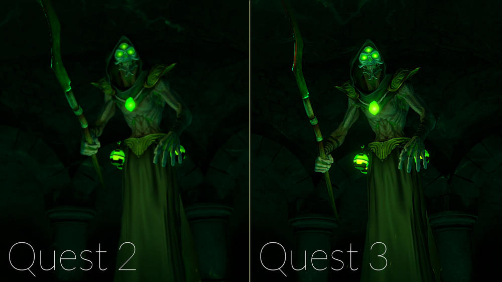 Dungeons of Eternity is more crisp and high-resolution on the Quest 3 than Quest 2.