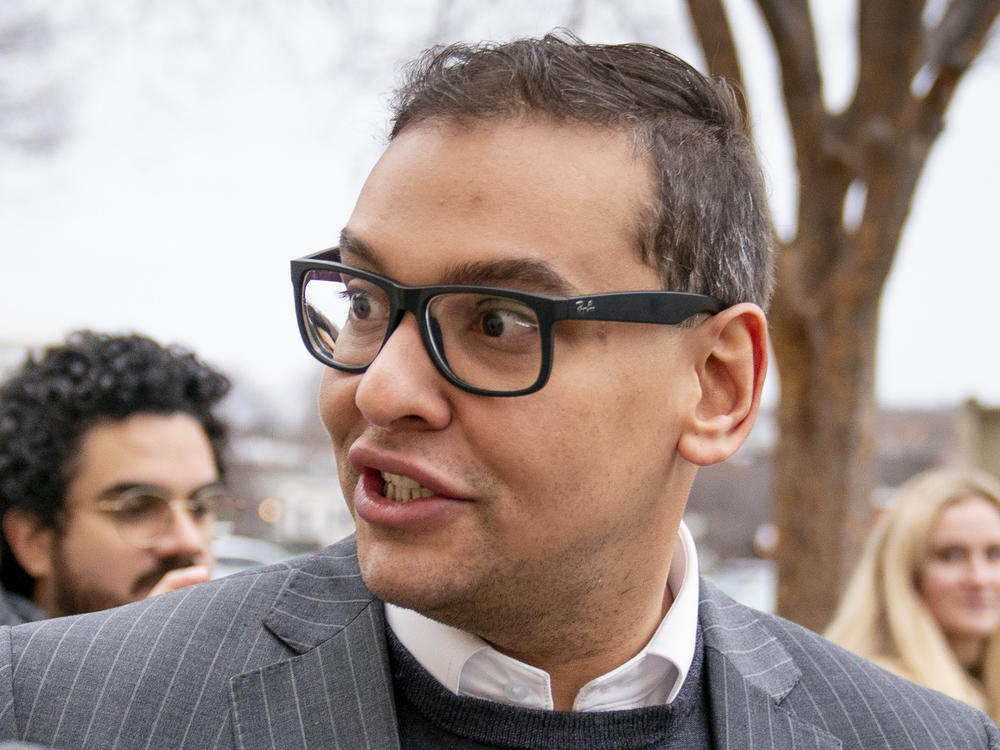 Rep. George Santos, R-N.Y., leaves a House GOP conference meeting on Capitol Hill in Washington, Jan. 25, 2023.