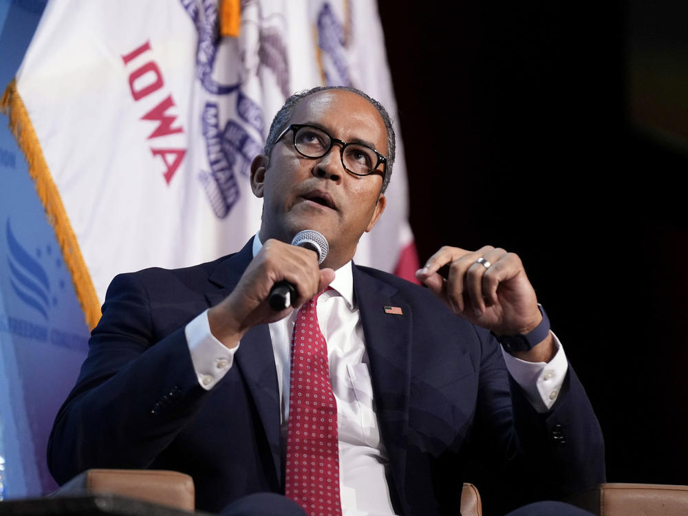 Republican presidential candidate Will Hurd speaks at the Iowa Faith and Freedom Coalition's banquet, Sept. 16, 2023, in Des Moines, Iowa.
