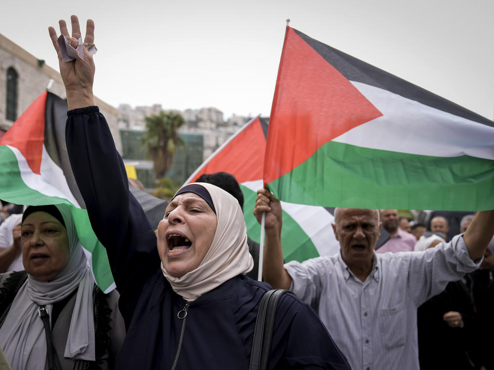 Palestinians attend a rally in support of Hamas and the Gaza Strip in the West Bank city of Nablus on Monday.