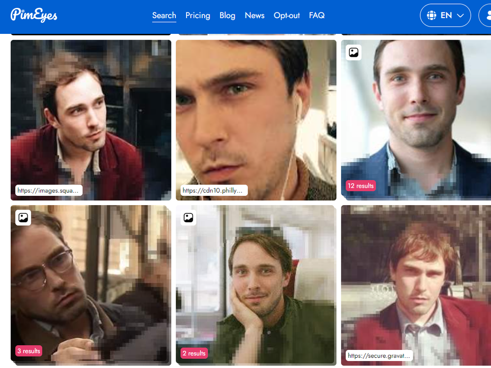 An example of the photos surfaced by PimEyes when a photo of author Bobby Allyn was uploaded to the site. Some of the photos are easily found from a Google search. But even the person depicted in the photo didn't know some of these images existed online.