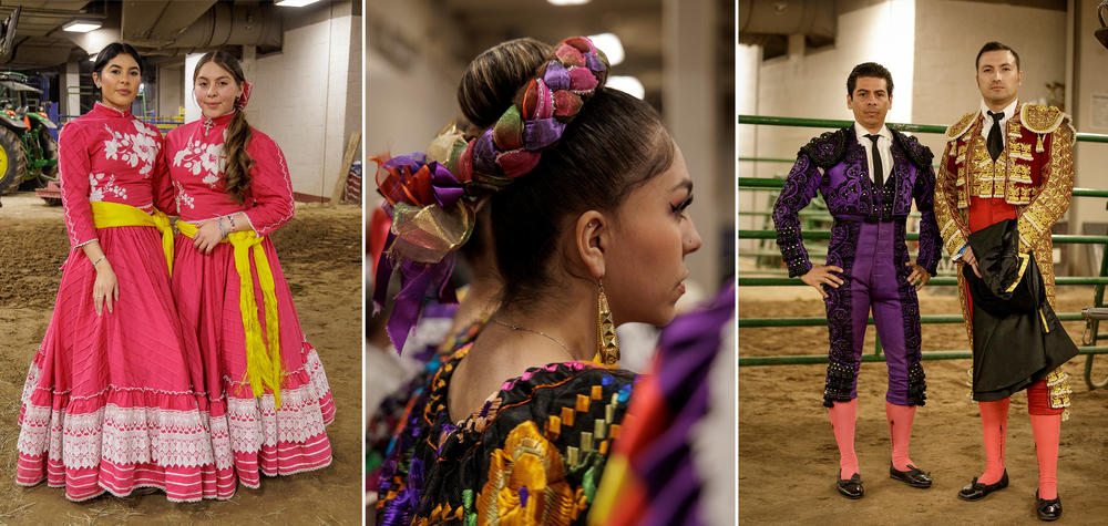 Adeliza Quezada and Iliana Quezada, of Escaramuza Flor de Aguileña, a baile folklórico dancer, and matadors Jorge DeliJorge and Issac Leal Montalvo pose for a photo backstage.