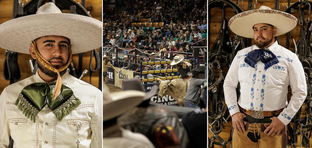Aaron Corral (left), a member of the Rough Stock Riders, and Alfredo Olivia, the director of the Rough Stock Riders (right), pose for photos backstage at the Mexican Rodeo Extravaganza.