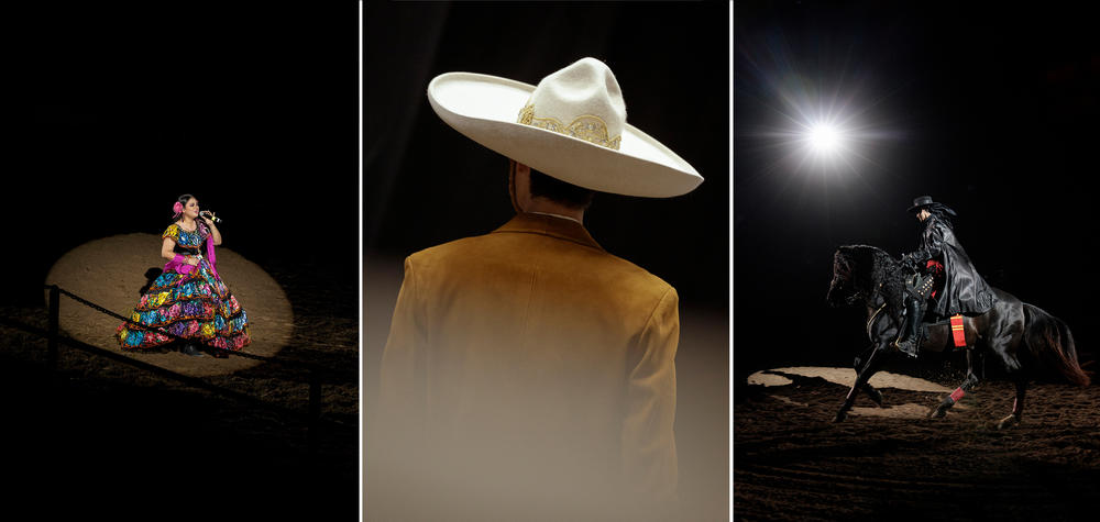 Singer Lluvia Vega (from left), Nicolas Diaz backstage and Diaz performing as El Zorro during the Mexican Rodeo Extravaganza.