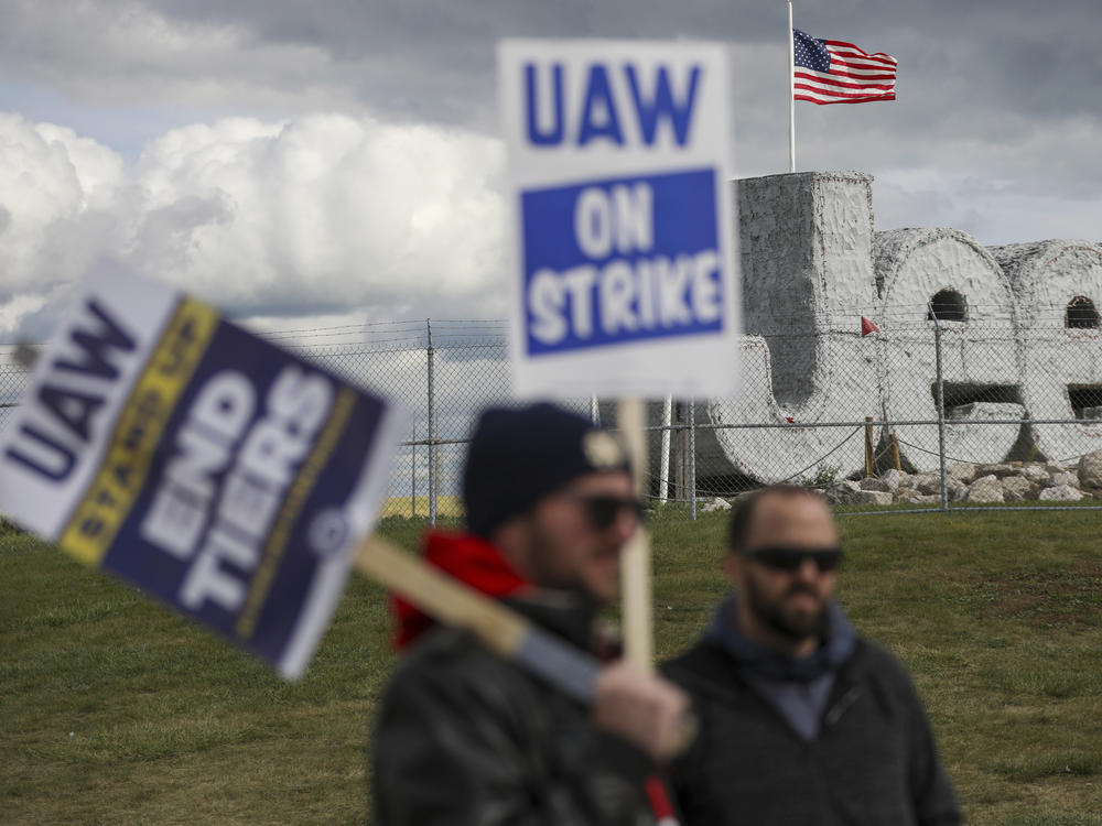 Striking UAW workers picket at the Jeep Assembly Plant on Oct. 9, 2023 in Toledo, Ohio.