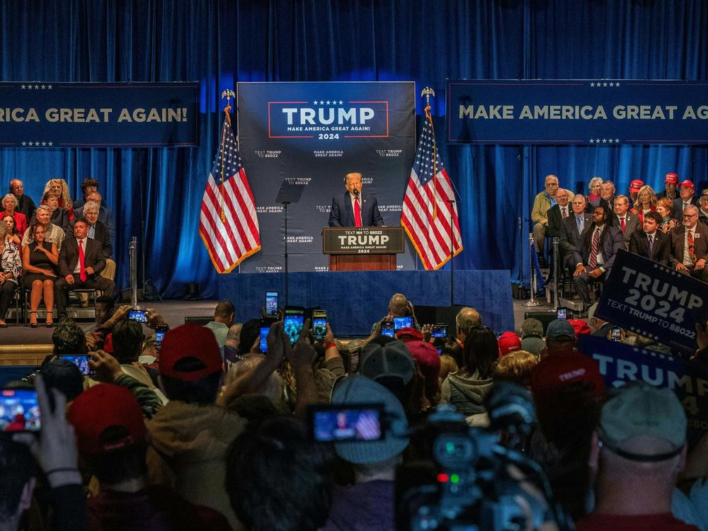 Former President Donald Trump speaks at a campaign event in Wolfeboro, N.H., on Oct. 9, 2023.