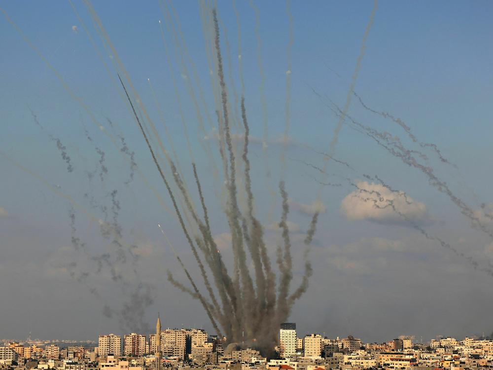 Rockets are fired by Palestinian militants from Gaza toward Israel on Oct. 10.