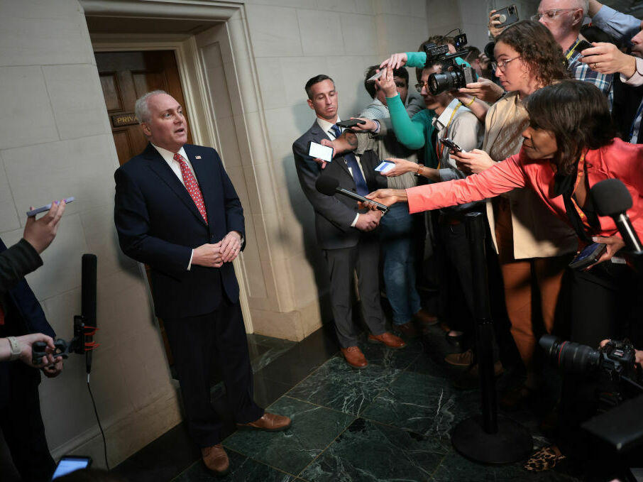 House Majority Leader Steve Scalise, who along with Rep. Jim Jordan is vying for the speakership, talks to the media Tuesday.