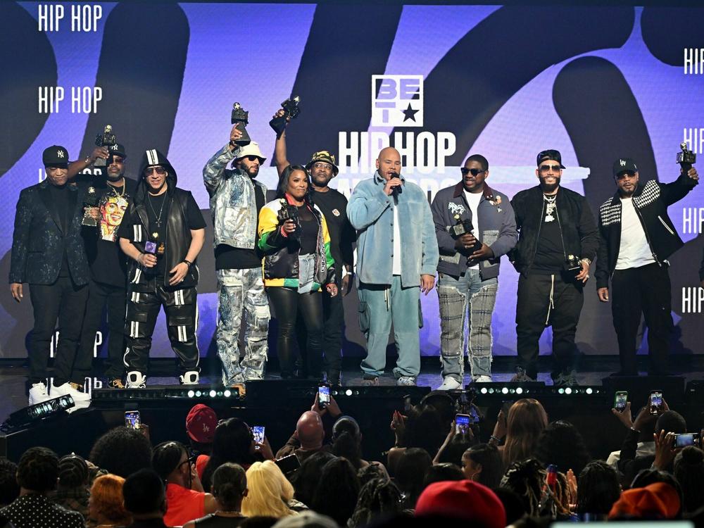 (L-R) Marley Marl, Technician the DJ, Kid Capri, Swizz Beatz, DJ Spinderella, DJ Jazzy Jeff, Fat Joe, DJ Holiday, DJ Drama, Timbaland and Kool DJ Red Alert accept award onstage during the BET Hip-Hop Awards 2023 on October 03, 2023 in Atlanta, Ga.