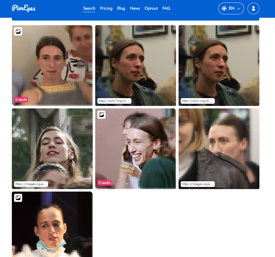 Another example of the results PimEyes generates when a face photo is uploaded to the search engine. Some of the hits, like the last photo in this series, display people not associated with the search.