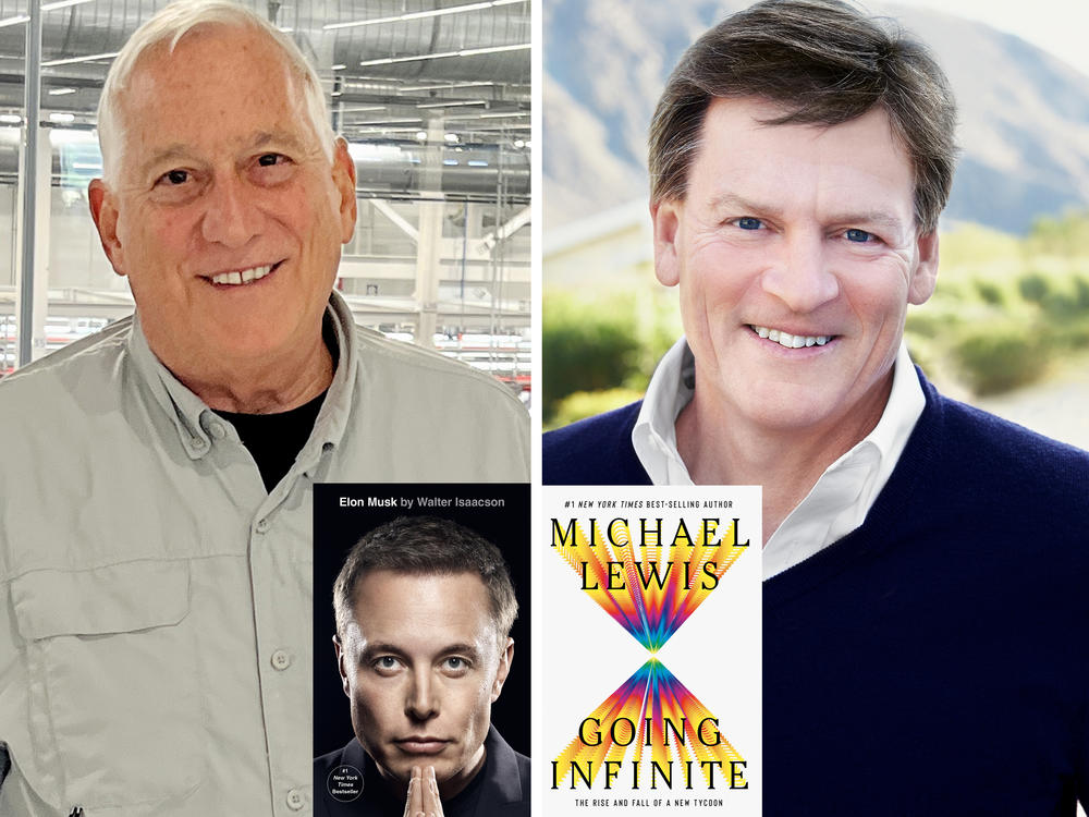 Walter Isaacson, left, and Michael Lewis are authors and friends from New Orleans. Their new books are about billionaire Elon Musk and fallen crypto executive Sam Bankman-Fried respectively.