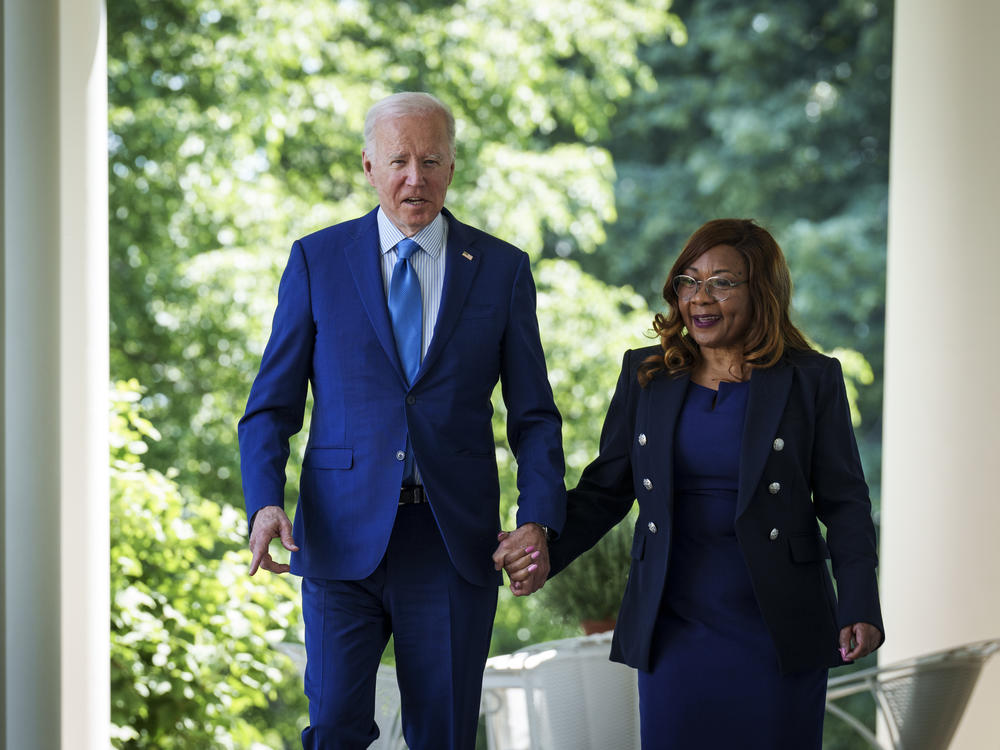 President Joe Biden and Catherine Coleman Flowers, founder of the Center for Rural Enterprise and Environmental Justice, arrive for an event in the Rose Garden of the White House April 21, 2023 in Washington, DC. Biden signed an executive order that would create the White House Office of Environmental Justice.
