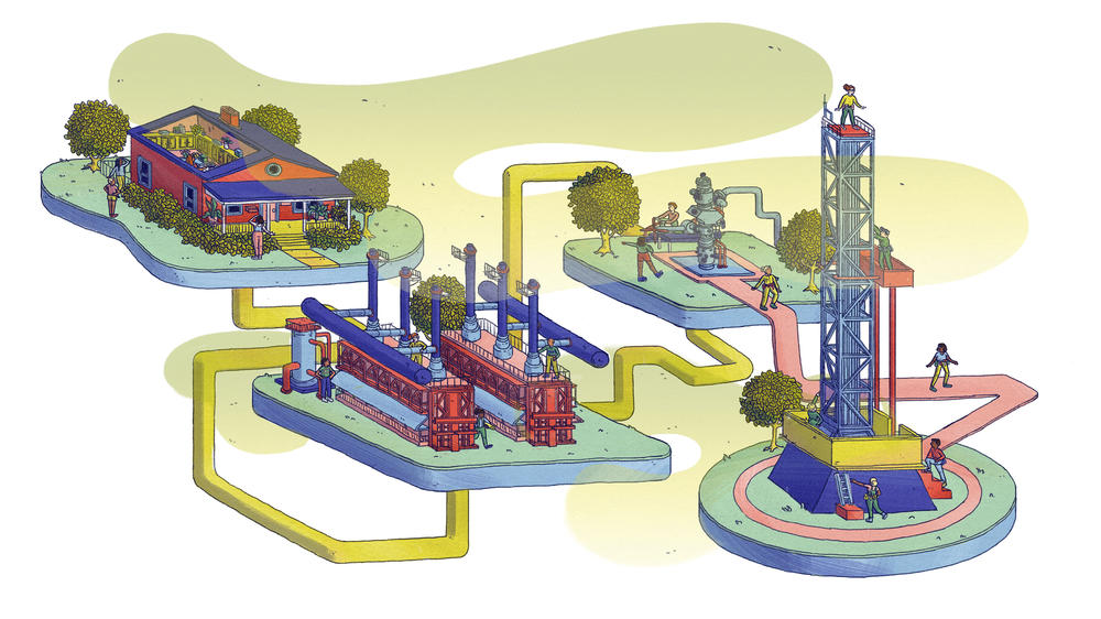 The natural gas production and supply system leaks the powerful greenhouse gas methane during drilling, fracking, processing and transport.