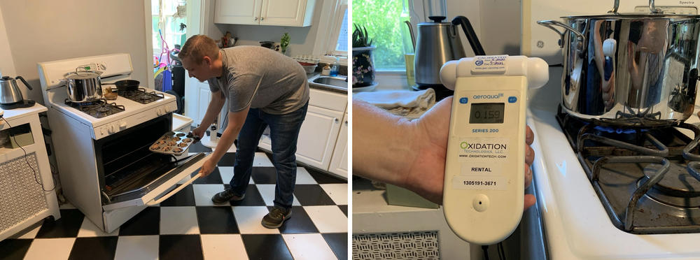 Environmental epidemiologist Josiah Kephart studies pollution from cooking. In this 2021 photo he measured nitrogen dioxide levels from cooking in his kitchen. At right: A nitrogen dioxide air monitor shows 0.159 parts per million, or 159 parts per billion. That's above the World Health Organization hourly guideline of 106 ppb. Kephart has since replaced the gas stove with an electric one.