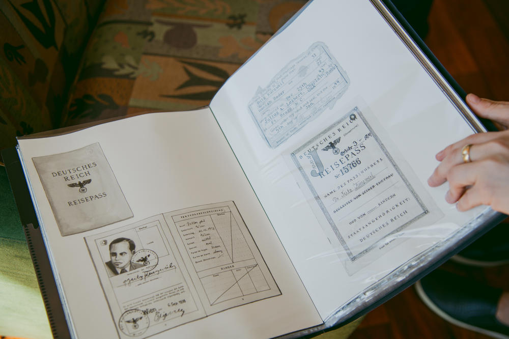 Amy Kurzweil shows a page in her sketchbook with drawings of her grandfather Fred Kurzweil's personal documents. (He was known as Fritz in his native Austria.)