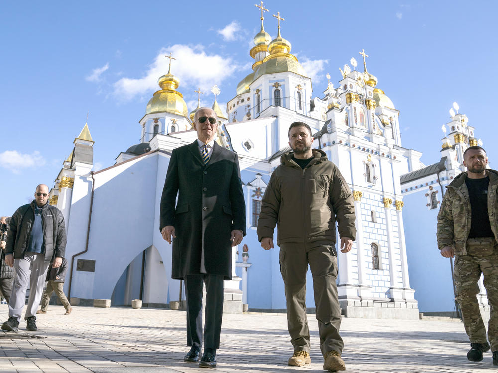 President Biden walks with Ukrainian President Volodymyr Zelenskyy in Kiev during a visit he made on Feb. 20, 2023.