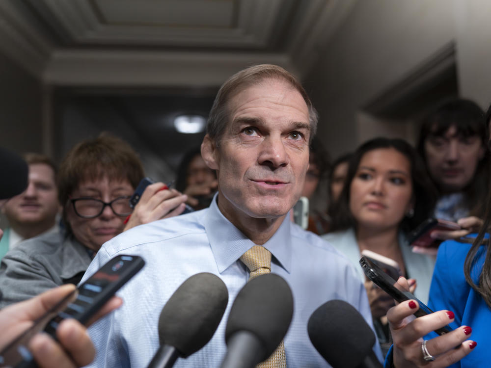 Rep. Jim Jordan, R-Ohio, chairman of the House Judiciary Committee, talks with reporters as House Republicans meet again behind closed doors to find a path to elect a new speaker on Friday.