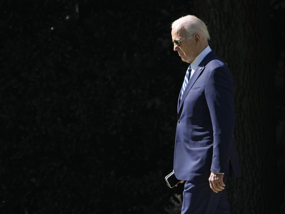 President Biden walks toward Marine One on the South Lawn of the White House on Fri., Oct. 13, 2023.