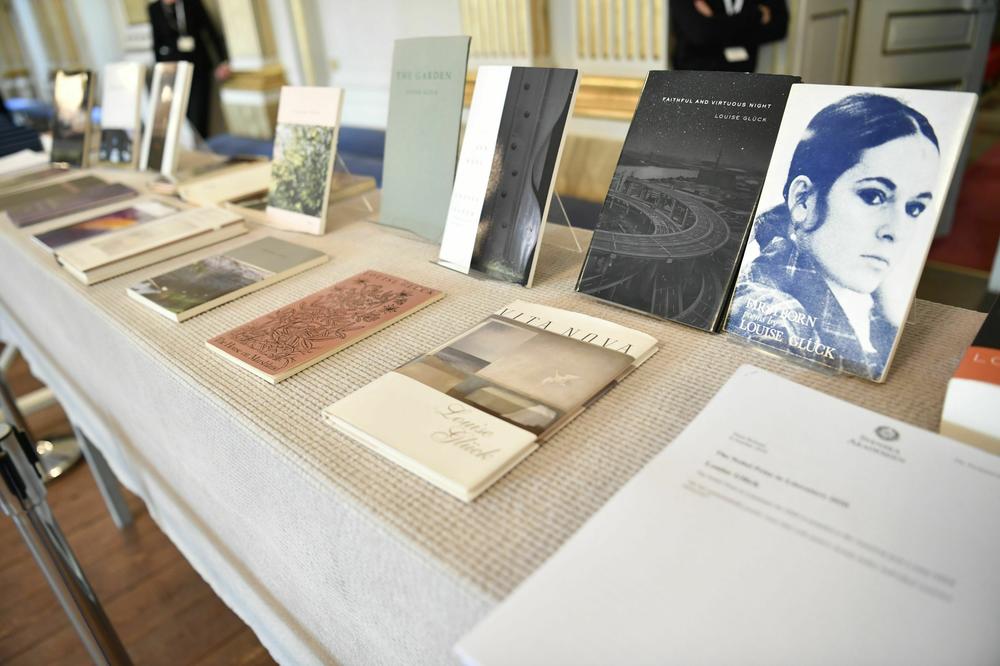 Louise Glück's books on display during the announcement of the 2020 Nobel Prize in literature at the Swedish Academy in Stockholm on Oct. 8, 2020.