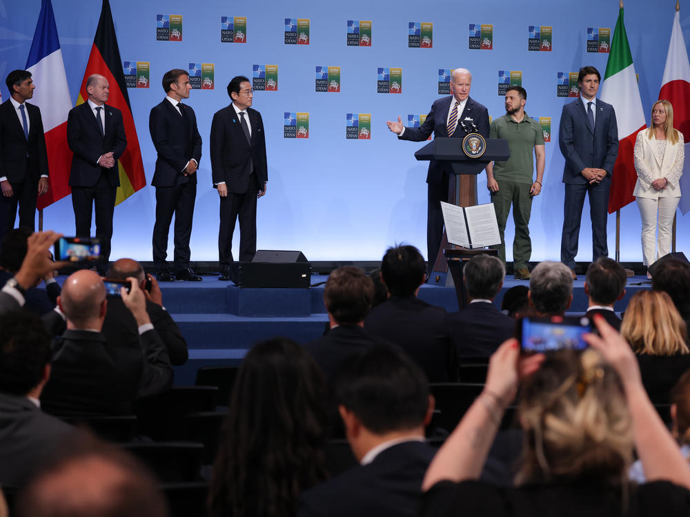 President Biden and Ukrainian President Volodomyr Zelenskyy met with other world leaders at a NATO summit on July 12, 2023 in Vilnius, Lithuania.