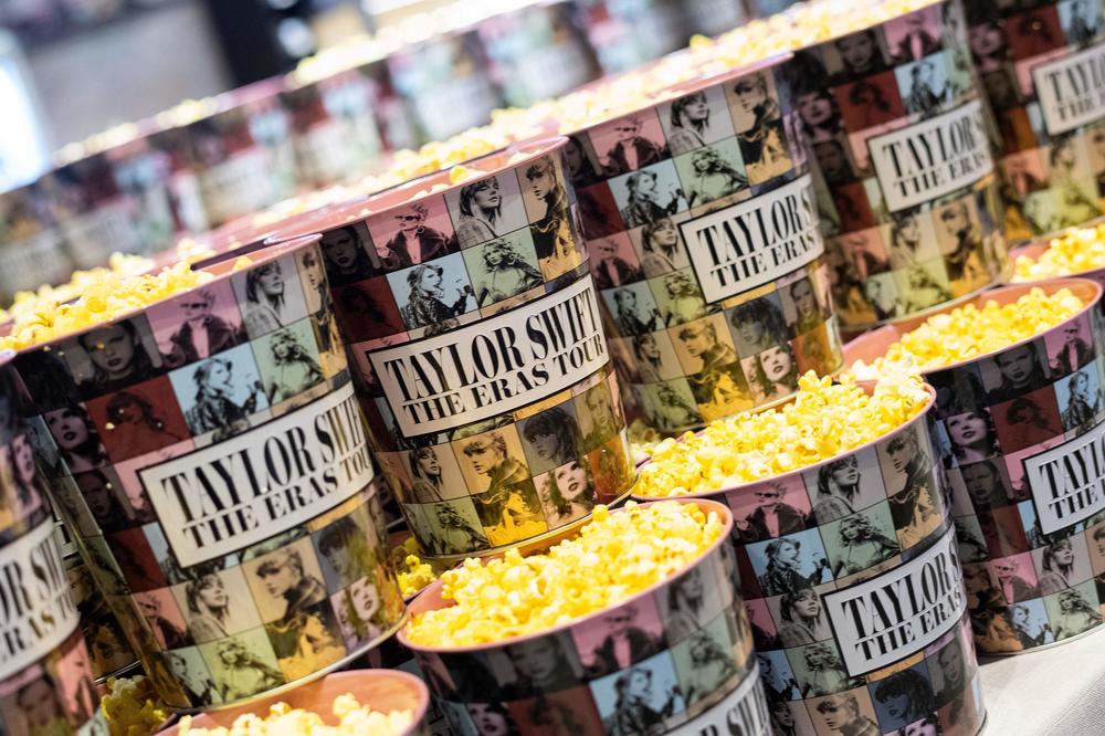 Popcorn buckets at the <em>Taylor Swift: The Eras Tour</em> concert movie world premiere at AMC The Grove in Los Angeles, Calif., on Oct. 11, 2023.