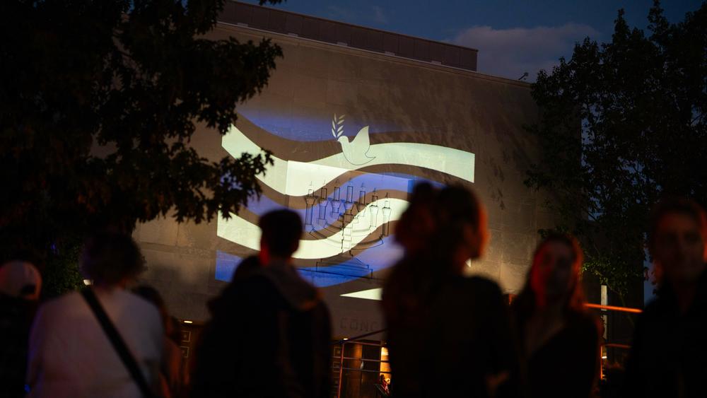 People gathered outside the Adas Israel Congregation in Washington, D.C., to show support for the victims of the surprise Hamas attack in southern Israel.
