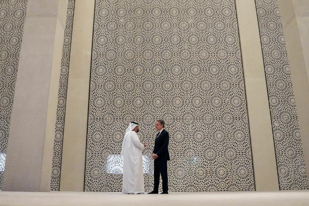 Sat., Oct. 14: Secretary of State Antony Blinken, right, tours the Imam al-Tayeb Mosque at the Abrahamic Family House in Abu Dhabi.