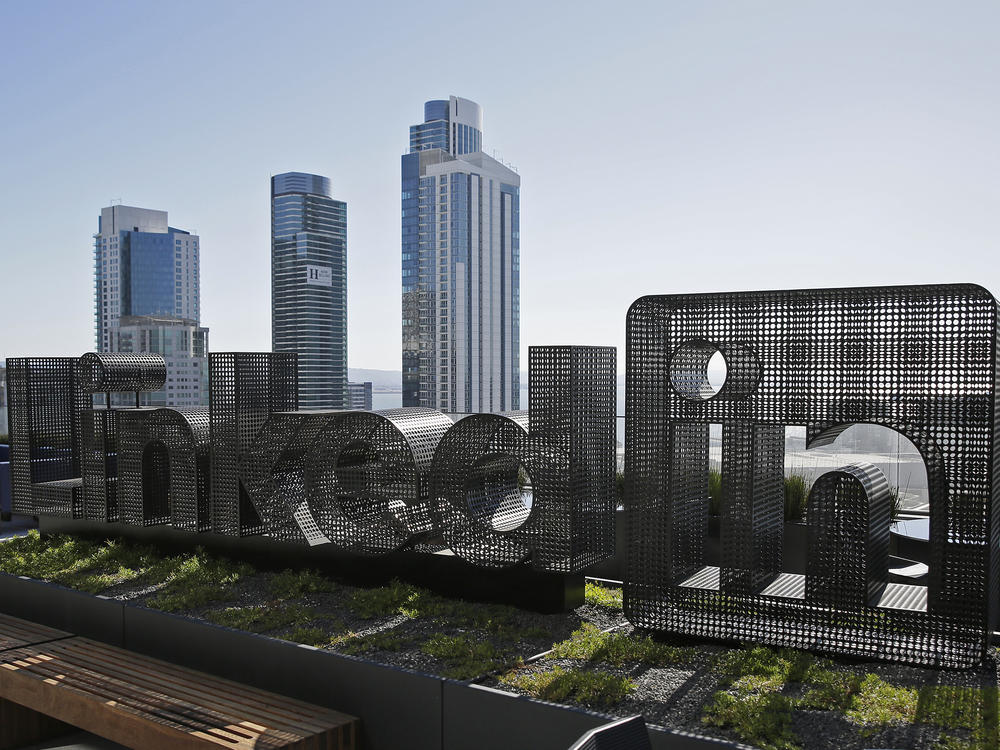A sculpture is seen on a terrace outside the offices of LinkedIn Thursday, Sept. 22, 2016, in San Francisco.