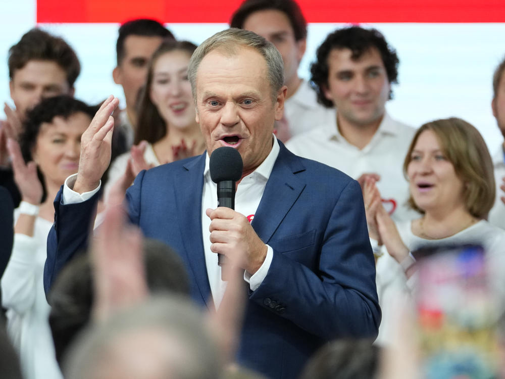Donald Tusk, a former Polish prime minister addresses supporters at his party headquarters in Warsaw, Poland, Sunday, Oct. 15, 2023.