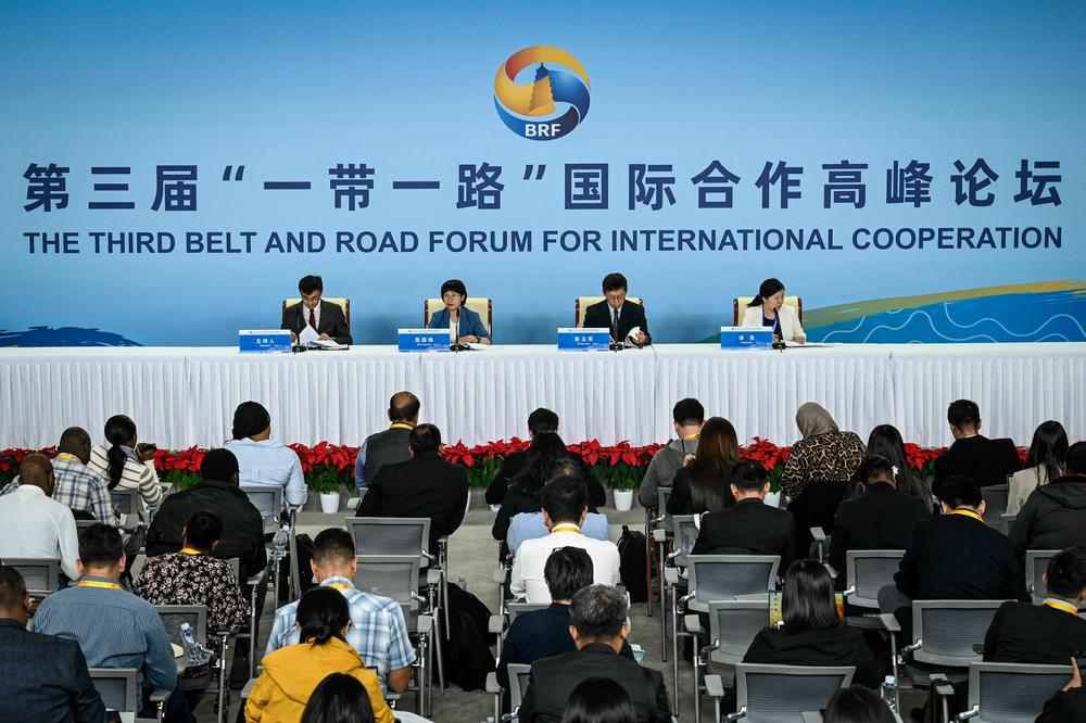 Journalists attend a press conference of the Belt and Road Forum at Beijing's National Convention Center on Monday.
