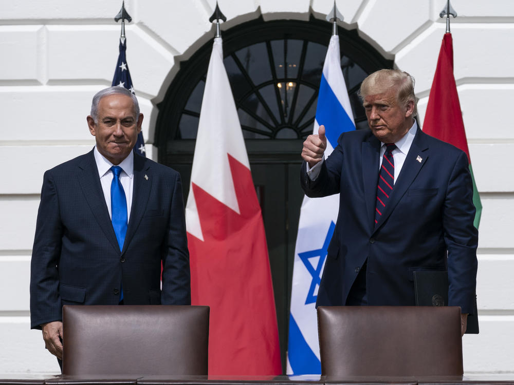 Israeli Prime Minister Benjamin Netanyahu, left, and then-President Donald Trump stand to depart the Abraham Accords signing ceremony on the South Lawn of the White House in Sept. 2020.