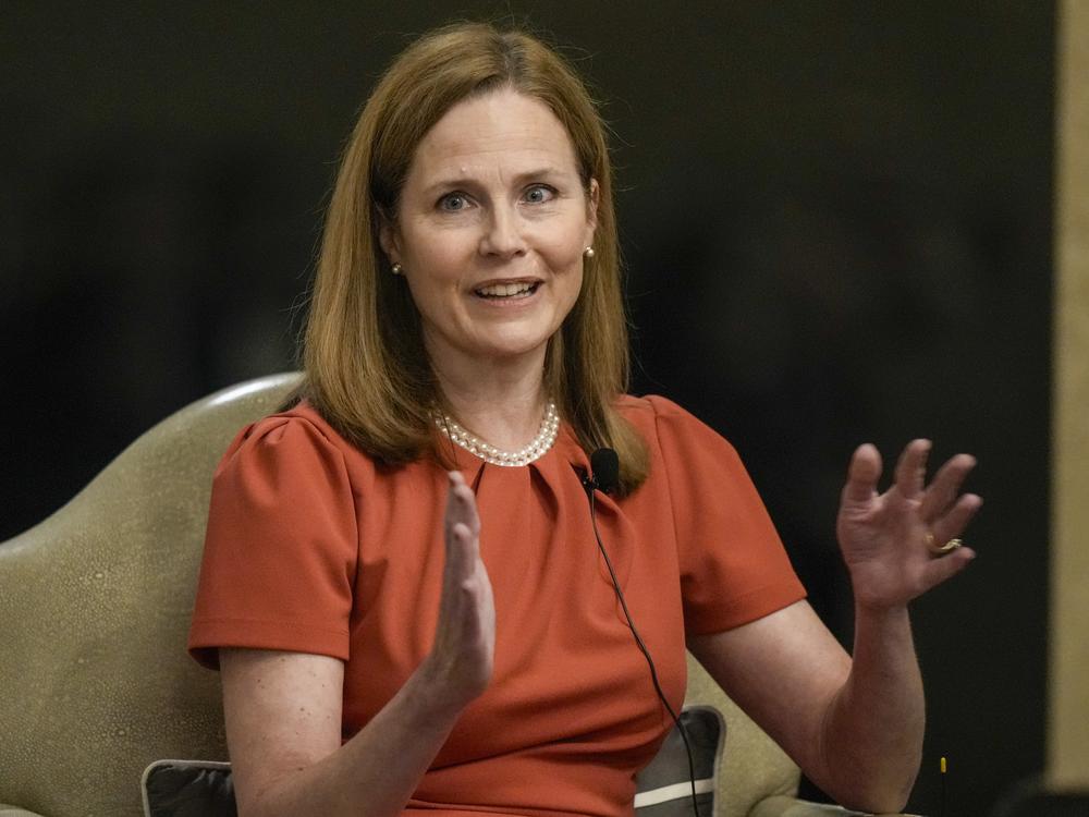Supreme Court Associate Justice Amy Coney Barrett speaks during the Seventh Circuit Judicial Conference on Monday, Aug. 28, 2023, in Lake Geneva, Wis.
