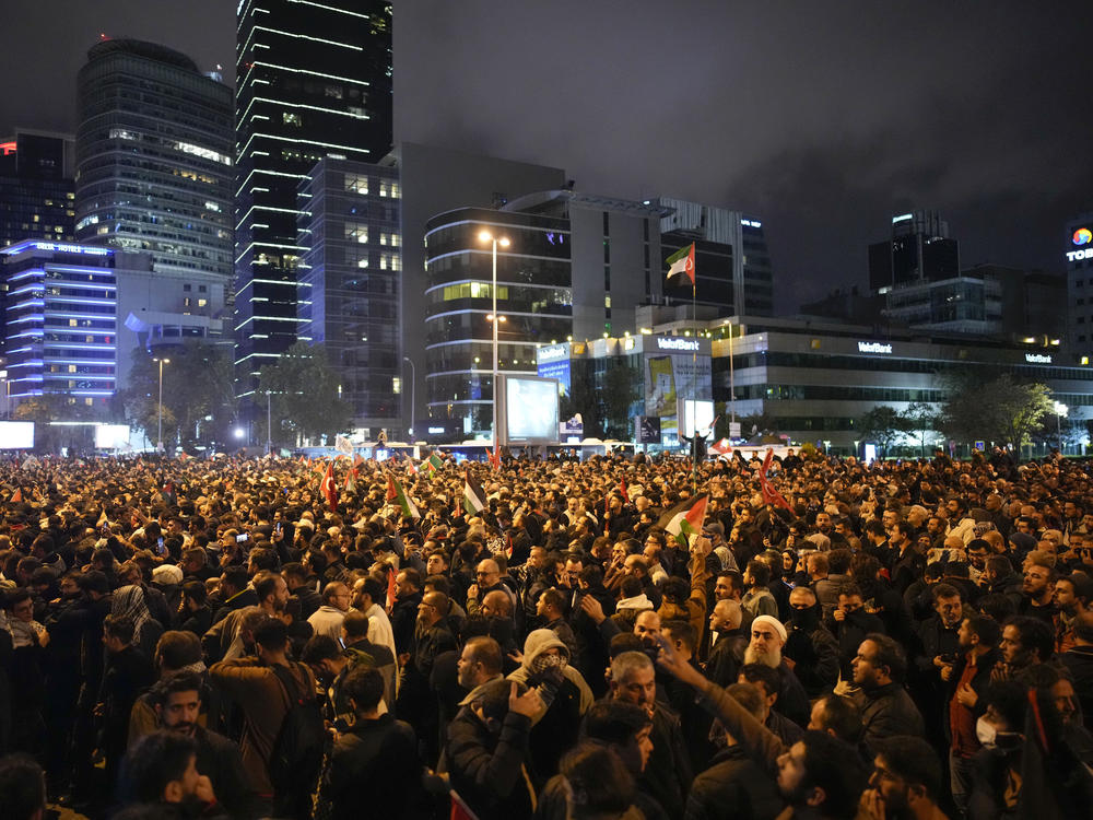 Tues., Oct. 17: People gather outside the Israeli consulate during a protest to show solidarity with Palestinians, in Istanbul, Turkey.