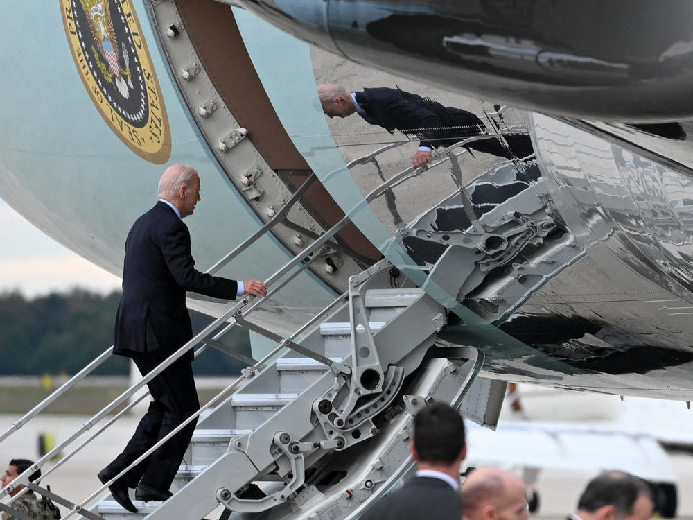 President Biden boards Air Force One at Joint Base Andrews in Maryland on Oct. 17, 2023, en route to Israel.