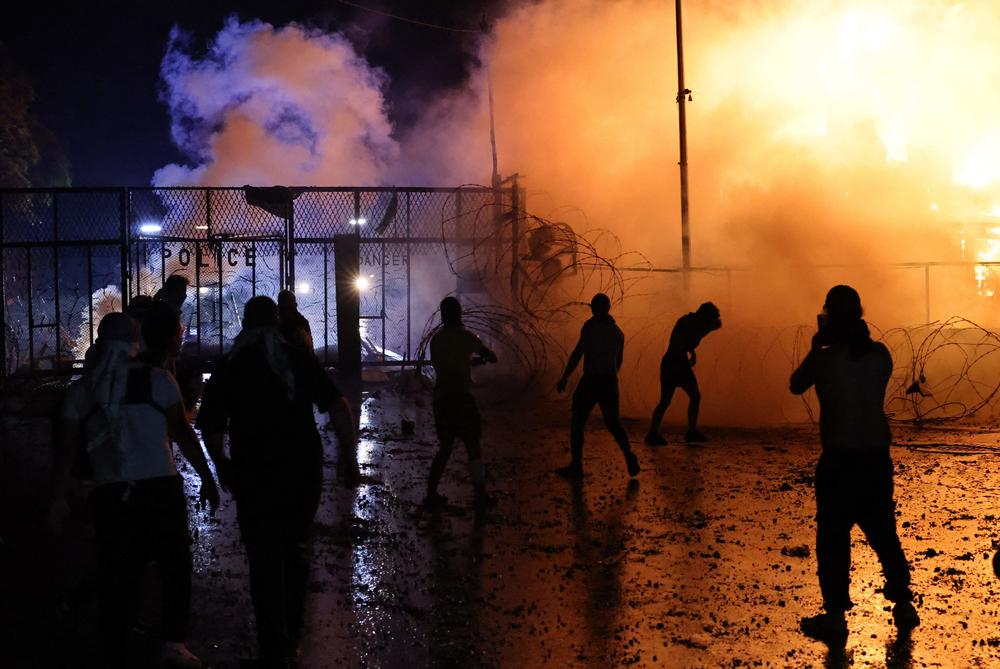 Weds., Oct. 18: Protesters clash with Lebanese security forces on  outside the U.S. Embassy during a demonstration in solidarity with the people of Gaza in Awkar, East of Beirut, after a strike on a hospital in the Gaza Strip killed at least 200 people on October 17, 2023.