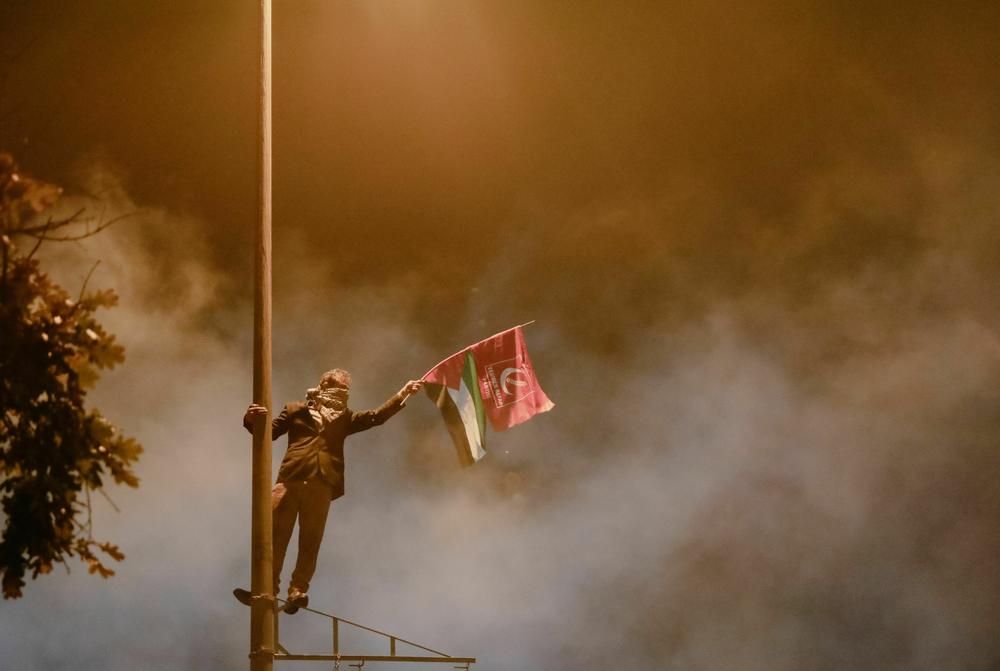 Weds., Oct. 18: Protesters demonstrate in front of the Israeli Consulate after an explosion at a hospital in Gaza killed hundreds on October 17, 2023, in Istanbul, Turkey.