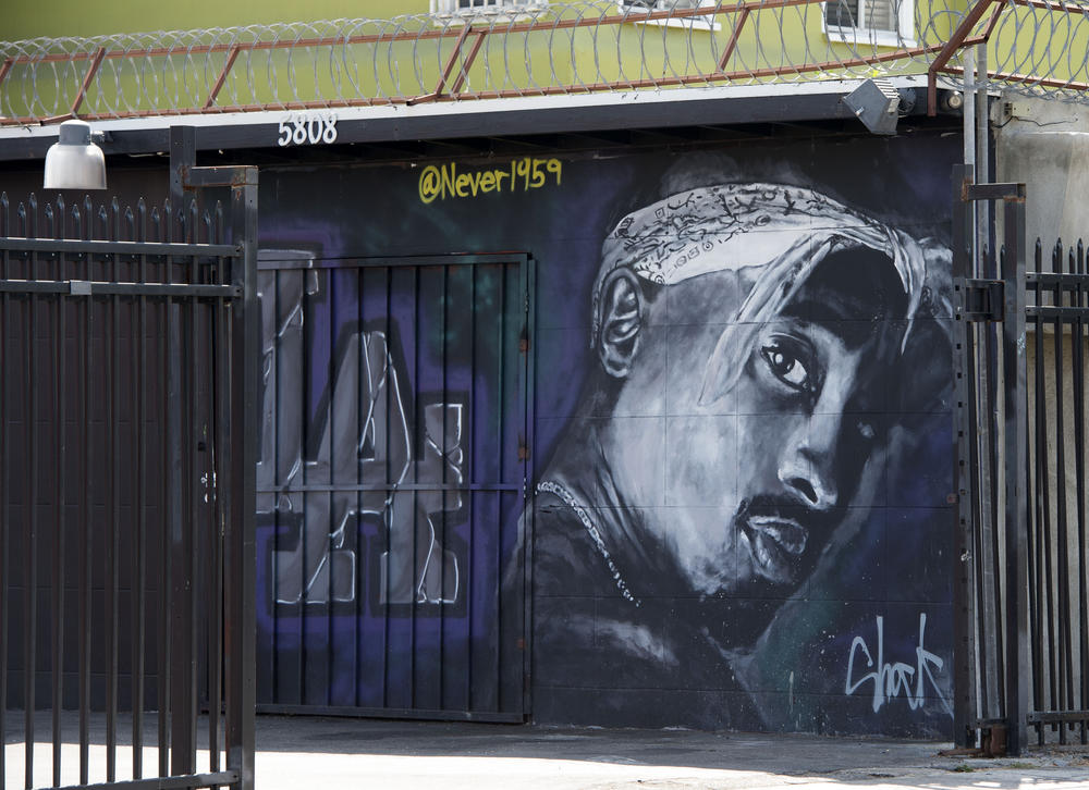 A photograph of a mural in Los Angeles dedicated to Shakur, taken nearly 20 years after his murder.