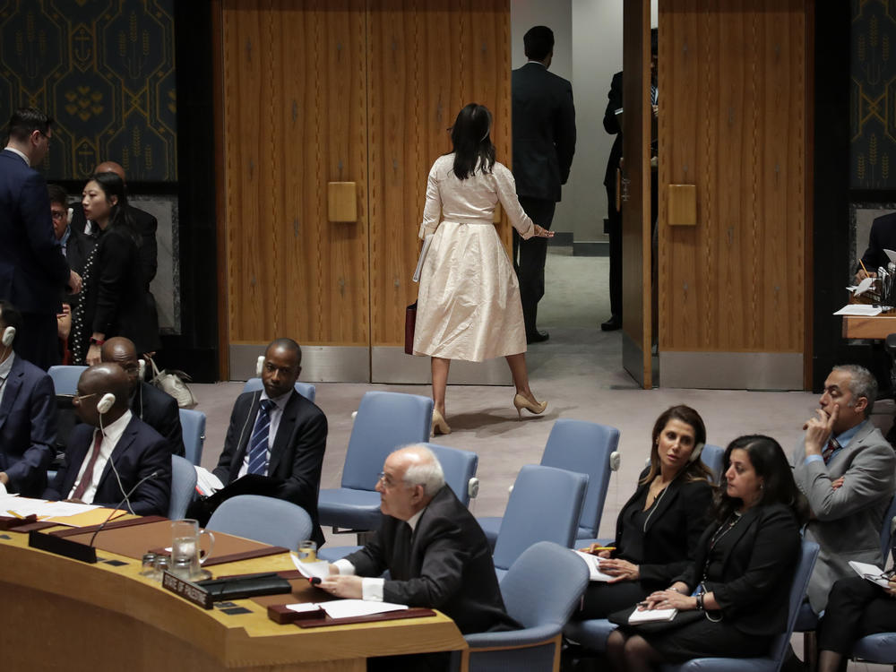 U.S. Ambassador to the United Nations Nikki Haley walks out as Riyad Mansour (bottom center), the permanent observer of Palestine to the U.N., addresses a Security Council meeting on Tuesday concerning the violence along the Gaza border.