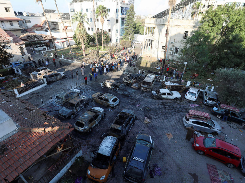 A view shows an area of Al Ahli Arab Hospital where hundreds of Palestinians were killed in a blast. The blast area was relatively small but occurred in a courtyard packed with Palestinian civilians.