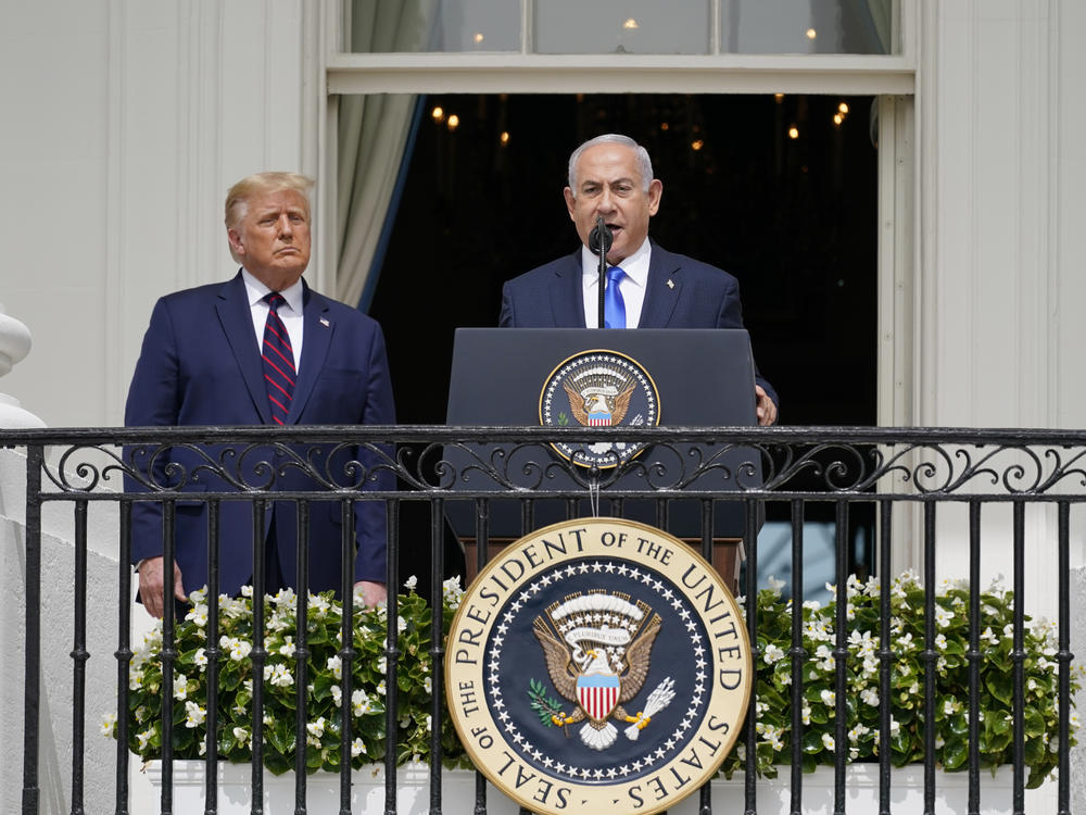 Israeli Prime Minister Benjamin Netanyahu speaks as then-President Donald Trump looks on, on the South Lawn of the White House on Sept. 15, 2020. Trump still touts his ties to Israel and its leadership on the campaign trail as he seeks another term.