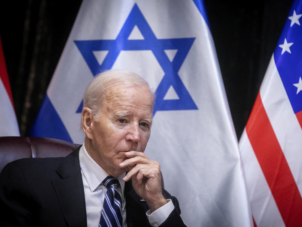 President Biden pauses during a meeting with Israeli Prime Minister Benjamin Netanyahu to discuss the war between Israel and Hamas, in Tel Aviv Wednesday.
