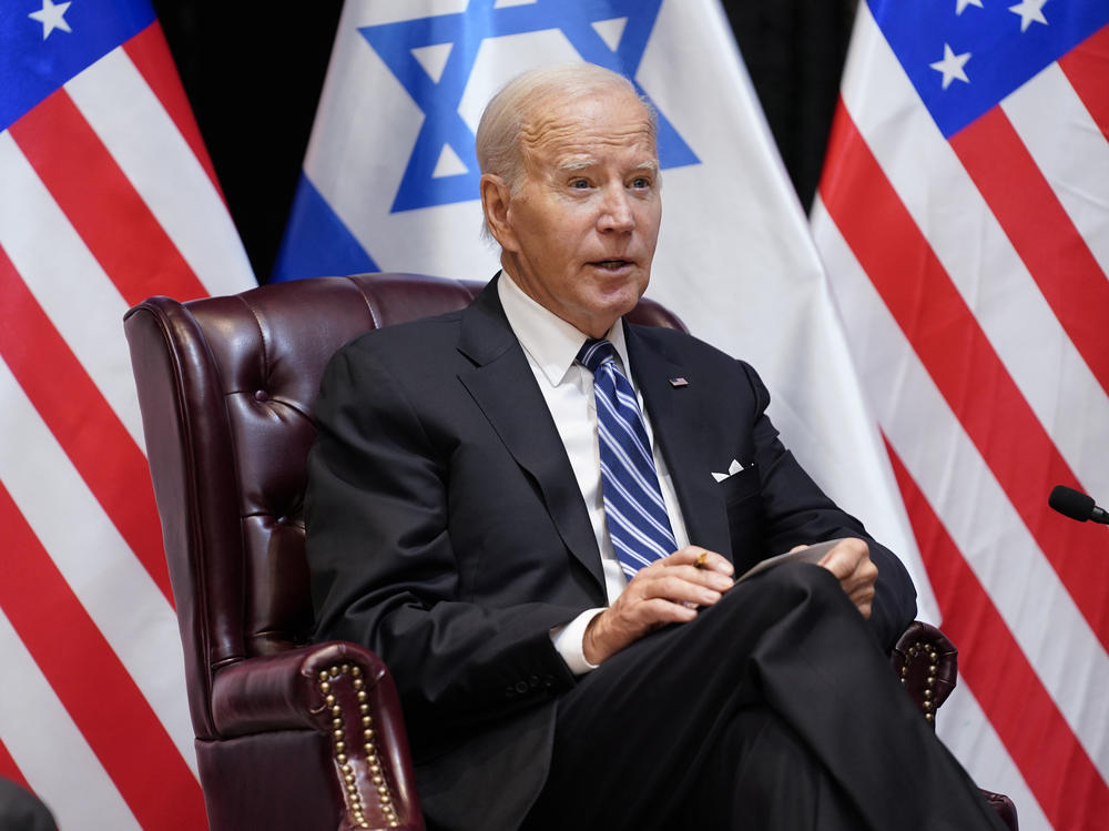 President Joe Biden speaks as he and Israeli Prime Minister Benjamin Netanyahu participate in an expanded bilateral meeting with Israeli and U.S. government officials, Wednesday in Tel Aviv.
