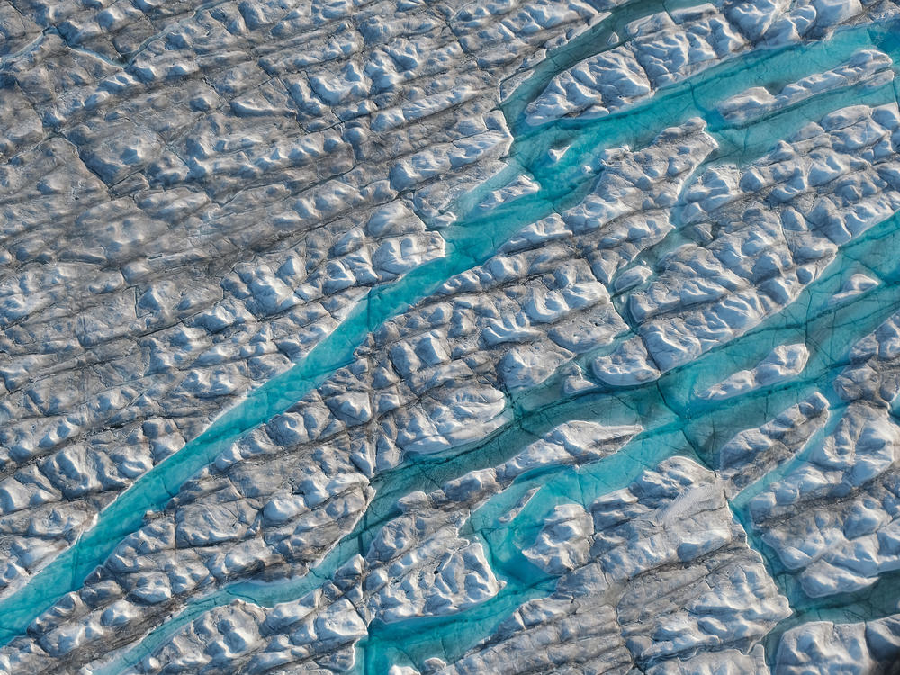 Rivers of meltwater carve into the Greenland ice sheet. Melting at the ice sheet's surface can spur more melt, creating a dangerous feedback loop.