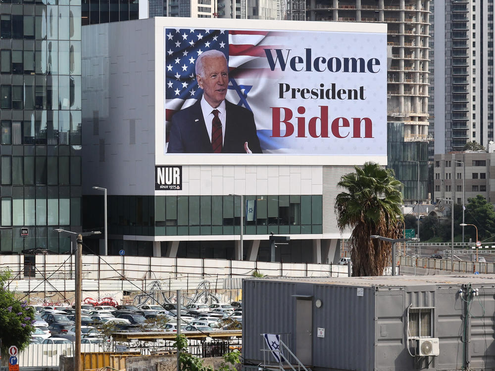 A huge banner in Tel Aviv marking President Biden's visit.