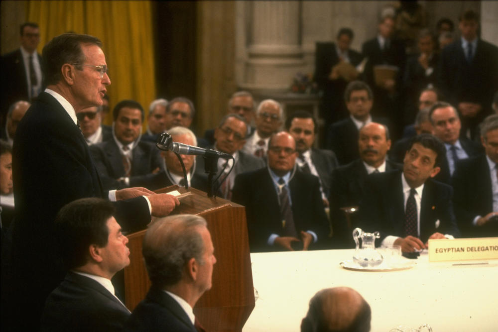President George H.W. Bush speaks at a Mideast peace conference on Oct. 30, 1991.